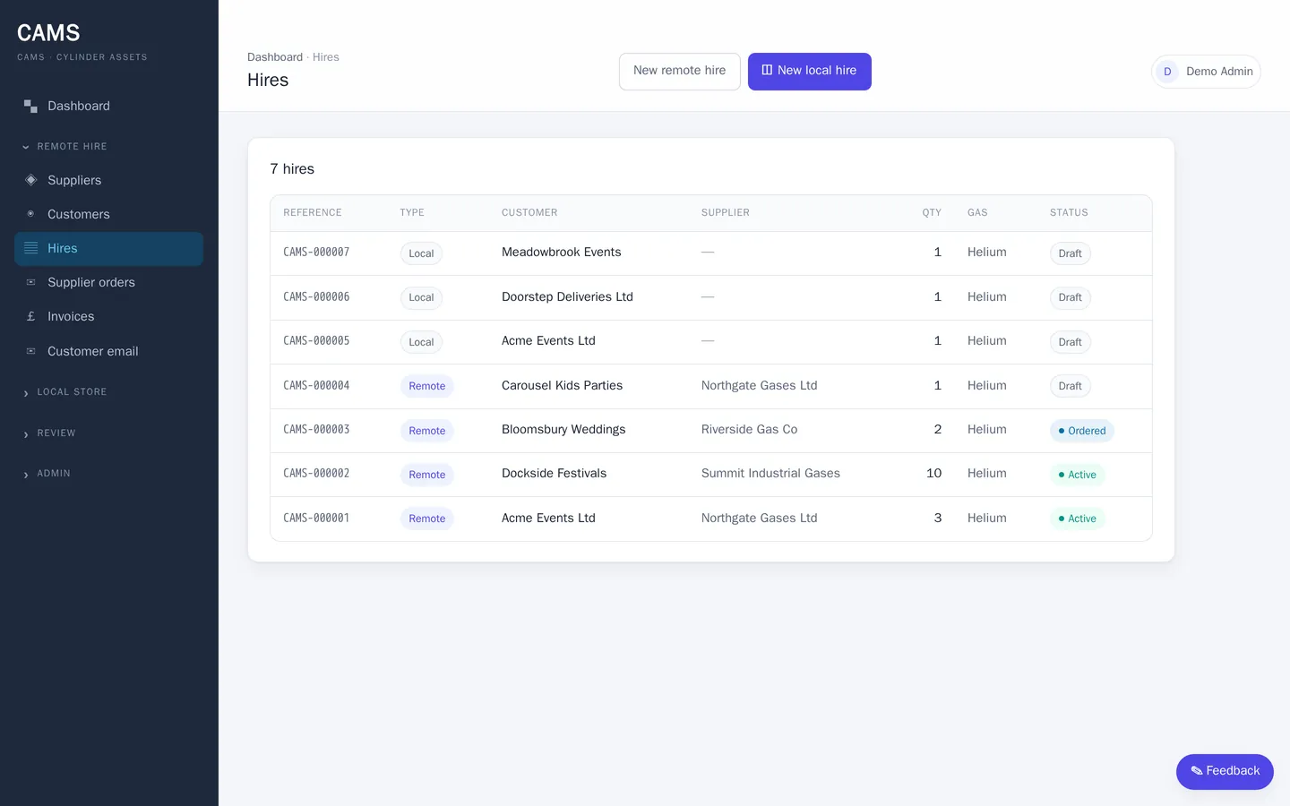 The CAMS hires list showing local and remote hires with customer, supplier, quantity and status